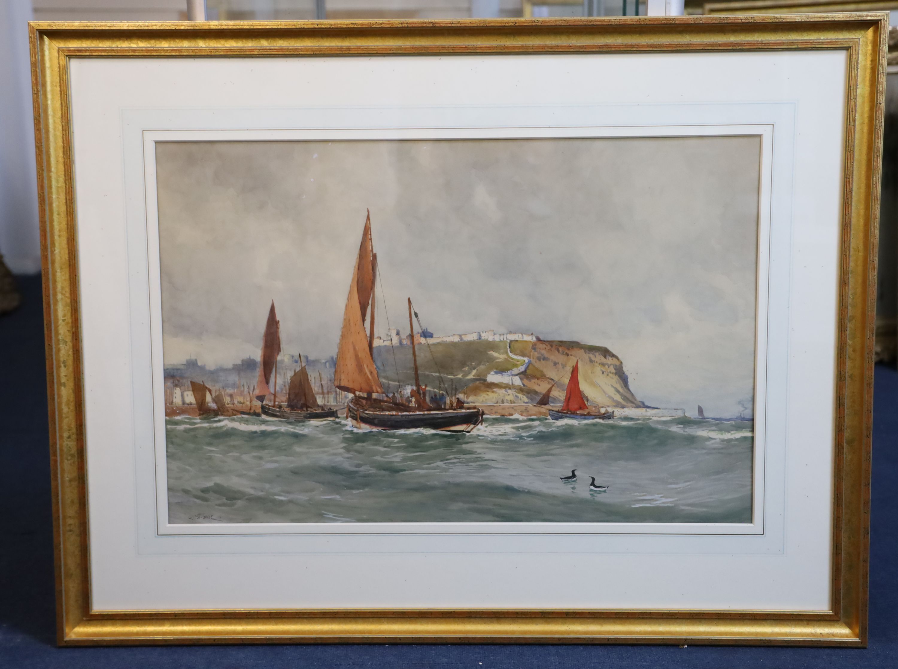 Ernest Dade (1868-1935), Staithes Group Fishing boats returning to Scarborough 19 x 28.75in.